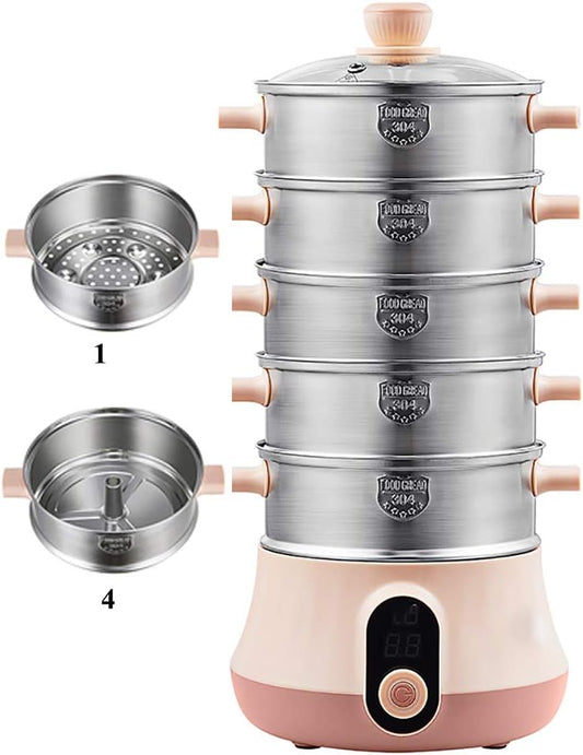 NEWTRY Electric Food Steamer 3-5 Tier Vegetable Steamer Multifunctional Stainless Steel for Cooking Vegetables Grains Meats Egg Stackable Baskets with Timer (5 Layer)