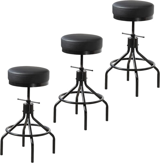 CHIDOCHILO Industrial Bar Stools Set of 3 Adjustable Barstools Swivel Modern PU Leather 28inch Round Backless Kitchen Counter Height Metal Stool Bar Chair for Kitchen Island (3, Black)