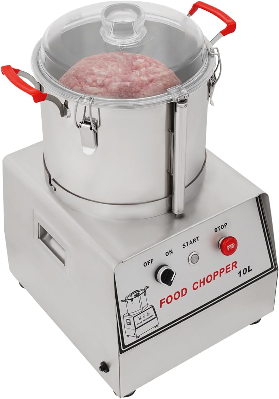 10L Commercial Stainless Steel Food Processor Machine, 110V 1100W Electric Vegetable Meat Chopper Grinder with Clear Lid, Electric Food Chopping Machine for Meat, Carrot, Mushroom, Onion (1400RPM)