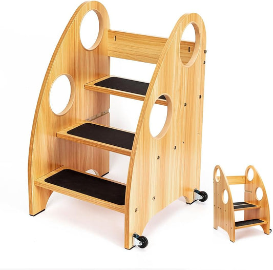 StrongTek Kids Step Stool, Step Ladder with Wheels & Safety Handles, 3-Tier Wooden Toddler Standing Tower, Convertible Chair with Non-Slip Steps, 350 lbs Capacity for Kitchen & Bathroom