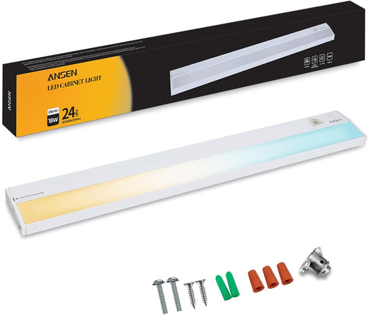 Ansen Hardwired Under Cabinet Lighting, 24in 18W LED Light for Kitchen\/Closet, 1237lm, CRI>92, R9>90, 3 Color Temperature, Dimmable, 3000K\/4000K\/5000K(Warm White, Cool White, Daylight)