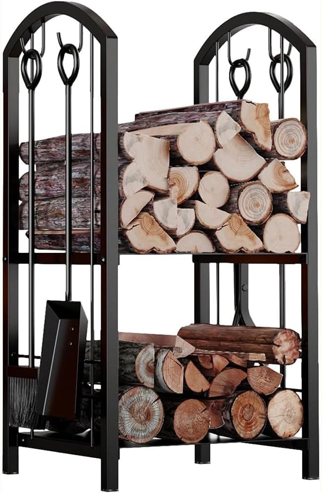 Firewood Rack Indoor Outdoor with Tools,4-Piece Fireplace Tools Set,Fireplace Log Holder,Heavy-Duty Steel Firewood Storage Rack for Fireplace,Fire Pit,Wood Stove-Black, 29" H