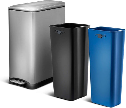 Home Zone Living 13 Gallon Slim Kitchen Trash Can with Dual Compartments for Trash and Recycling, Soft Close Lid, Step Pedal, Stainless Steel, Silver, Gen 1