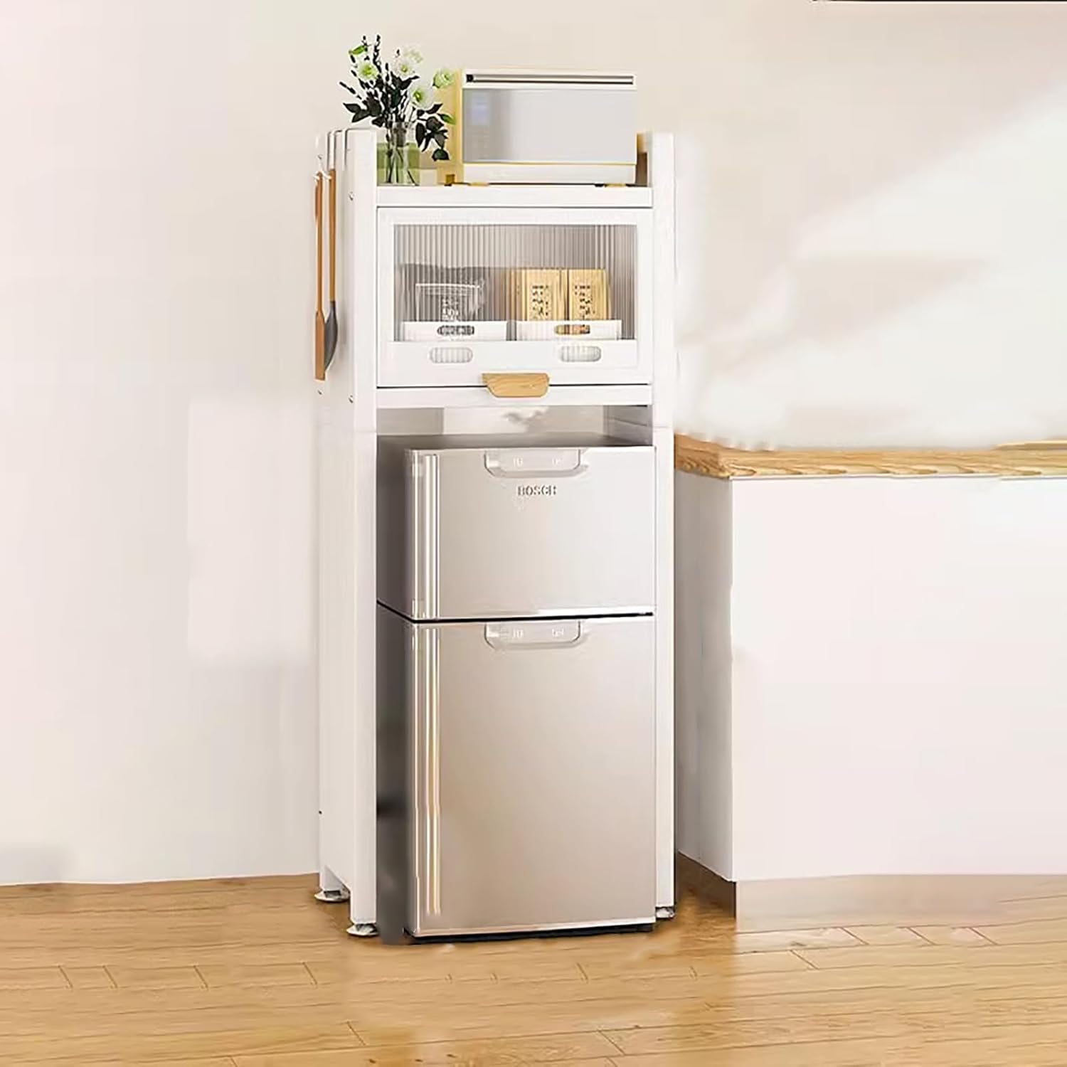 Mini Fridge Stand Storage Refrigerator Shelf with Cabinet, Kitchen Rack Stackable Cabinet Shelf Organizers, Microwave Organizer Stand for Dormitory, Appliance Platform(White,50x135cm(19 3\/4"x53 1\/8"))