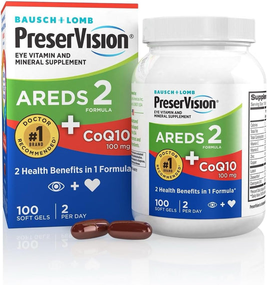PreserVision AREDS 2 Eye Vitamins with CoQ10 for Heart Health, Lutein, Zeaxanthin, Vitamin C & E, Zinc, Copper, 100 Softgels