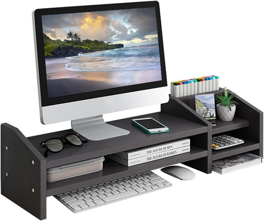 Computer Monitor Riser,Monitor Stand,2 Tier Wooden Computer Monitor Stands with Two Layer Storage Rack,Black Desktop Monitor Stand for PC/Laptop,Home & Office Desktop Organizer