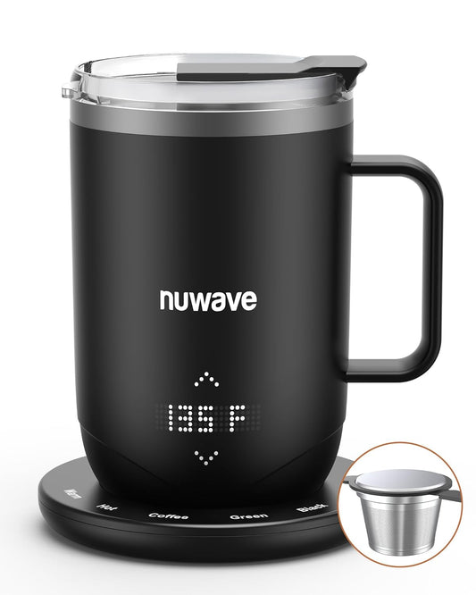 Nuwave Smart Heated Coffee Mug Rechargeable, 16oz Self Heating Temperature Control Mug with LED Display, Custom Brew Modes, Double-Wall Vacuum Insulation, 5-Hour Battery Life, Auto Shut-Off