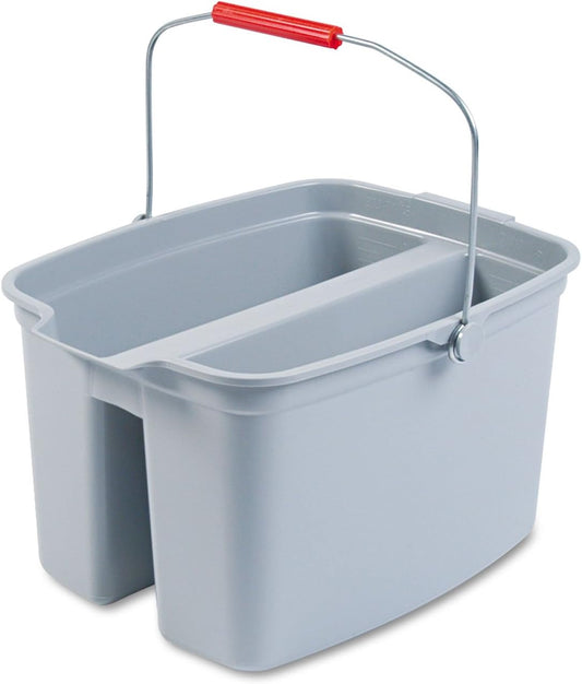 Rubbermaid Commercial Products Double Pail Plastic Bucket for Cleaning Easy to Carry 19 Quart Gray Cleaning Caddy Supplies Organizer with Handle for Bathroom/Kitchen