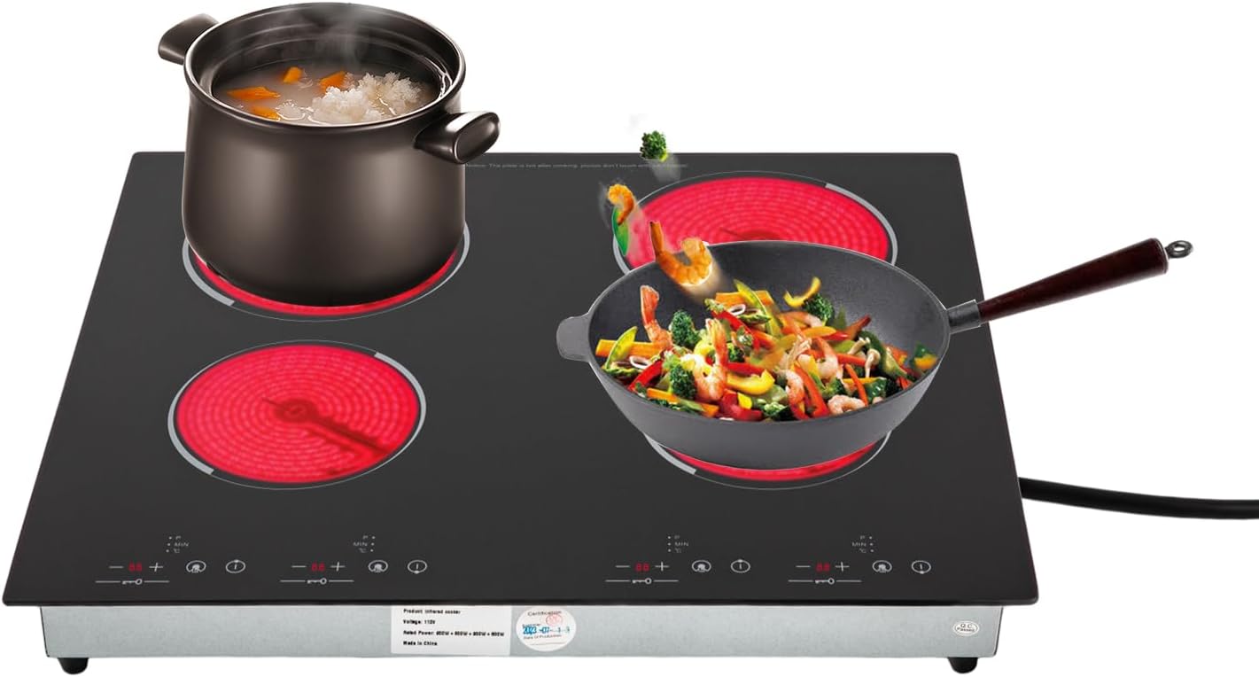 4 Burners Electric Ceramic Cooktop, 3000W 110V Built-in Radiant Stove Top with LED Display, 9 Heating Level and Kid Safety Lock, Sensor Touch Control (No Plug)