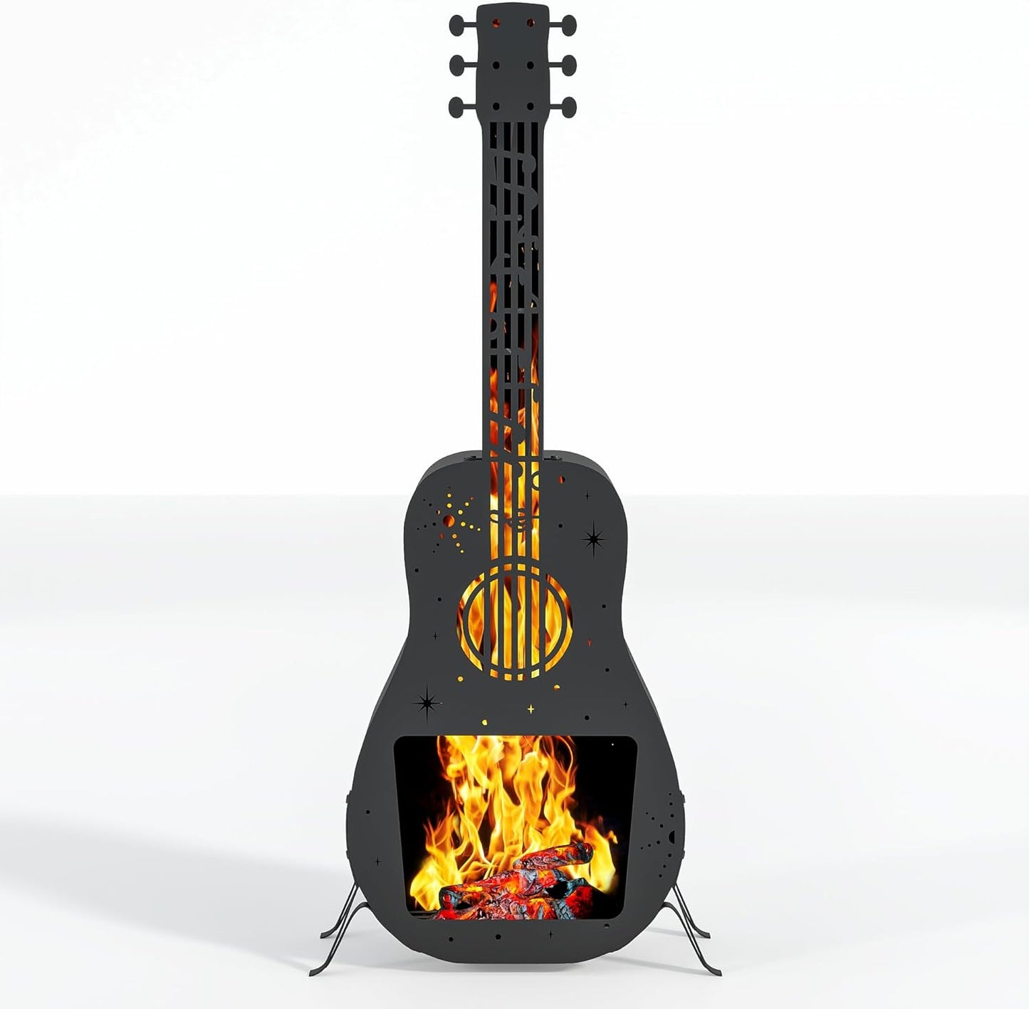 Wood Burning Fire Pit for Outside,Guitar Shaped Outdoor Fire Pit Chimney,Metal Large Chiminea Outdoor Fireplace,Wooden FirePit for Camping,Backyard