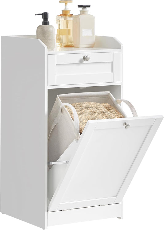VASAGLE Bathroom Laundry Cabinet with Basket, with 1 Drawer and 1 Hidden Laundry Hamper, Freestanding, Tilt-Out Laundry Basket with Handles, 15.8 x 15.8 x 31.5 Inches, Cloud White UBBC741W01