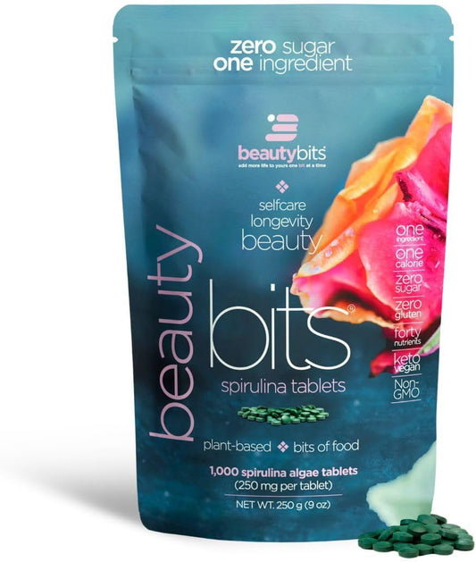 BEAUTYbits - Organic Spirulina Tablets - Algae Superfood - Collagen, Protein, Chlorophyll - Hair, Nails, & Skin Care - Vegan, Keto, Gluten Free - Self Care - Skincare Beauty Gifts - 1000 Tablet Bag