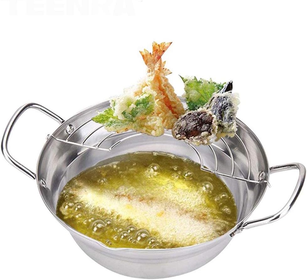 KOHARA Silver Fryer Pot Japanese Style Potable Frying Pots with Drainer Basket Household Cookware Kitchen Utensils