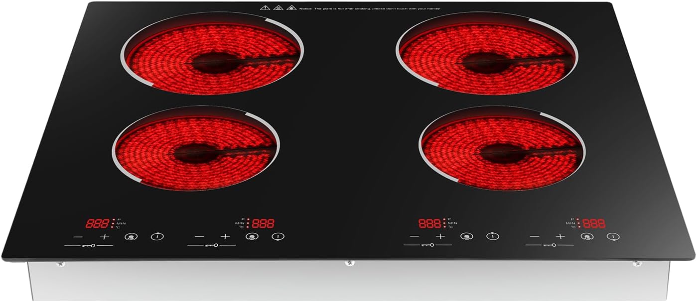 3000W 110V Cooktop Portable 4 Burners Electric Ceramic Cooktop Built-In Sensor, Touch-adjustable Control, 9 Heating Levels