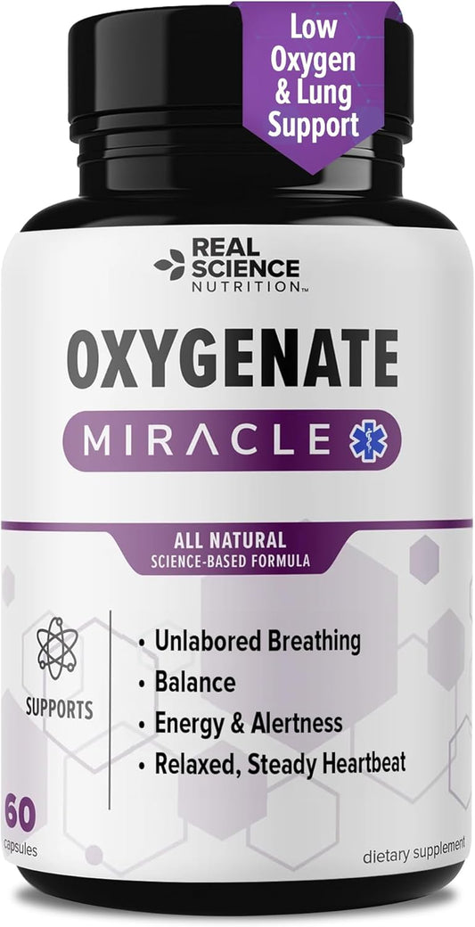 Real Science Oxygenate Miracle \u2013 Lung Support Supplement to Help Relieve Wheezing, Shortness of Breath, Rapid Heart Rate & Fatigue \u2013 Improves Circulation for Clear Lungs & Breath Support, 60 Caps
