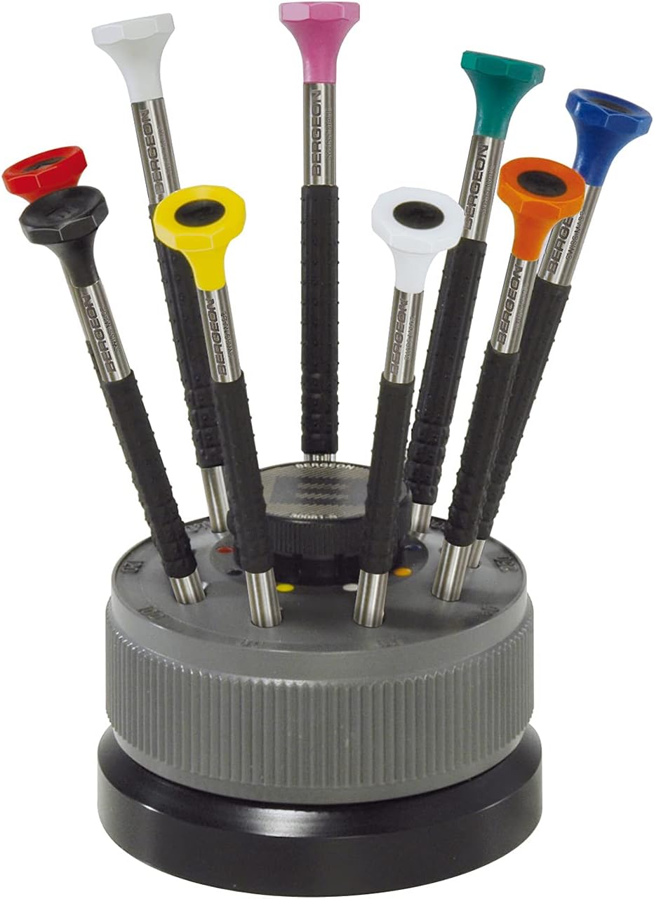 Bergeon Screwdriver Assortment 6899-S09 9 Piece Set with Delrin Shank on Swivel Base and Stainless Steel Blades