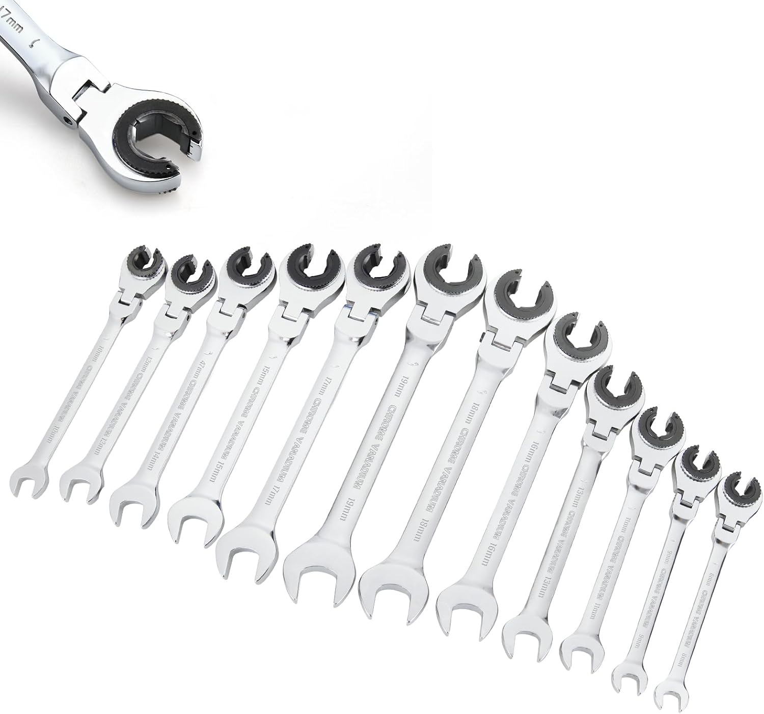Anbull Ratcheting Wrench Set with Open Flex-head, 12PCS Metric (8-19mm) Combination Spanner with 72 Teeth, 180° Flex-head Tubing Ratchet Wrench Set