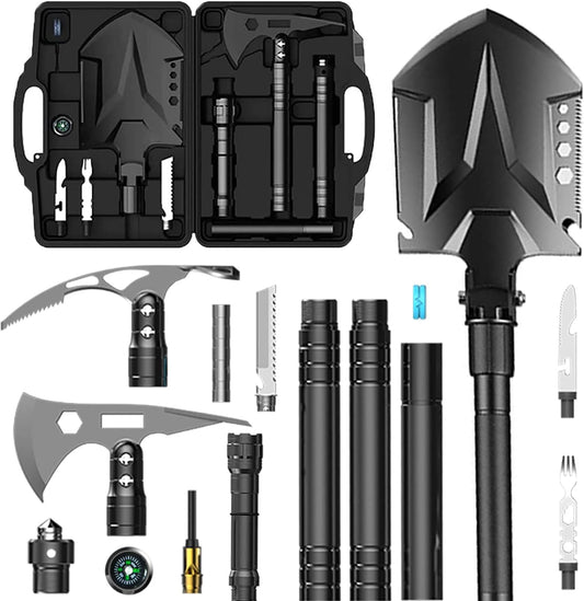 OnePX Folding Survival Shovel Axe Kit Military Grade, Multifunctional Camping Shovel Hatchet Combo with Tools & Carrying Case, High Carbon Steel Tactical Shovel Set, Emergency Gear for Outdoor Camping