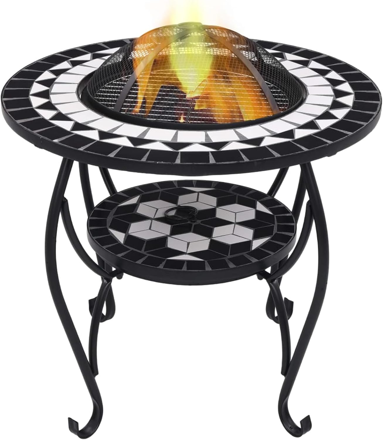 Black and White Steel Ceramic Fire Pit Table, Garden Patio Heater with Mesh Cover, 68x68x60cm, 4-Leg Stand, BBQ & Roasting Surface