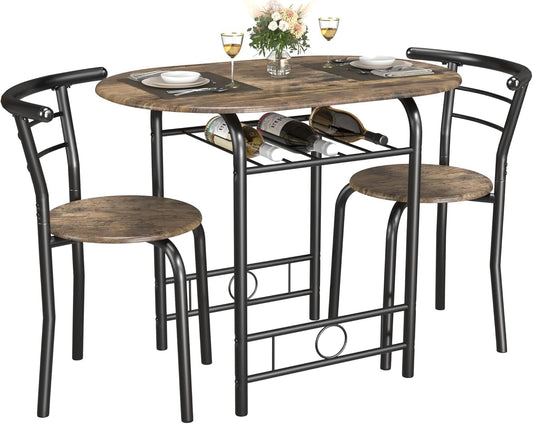 JUMMICO 3-Piece Wooden Round Table & Chair Set, Space Saving Kitchen Breakfast Nook Wood Grain Tabletop with Metal Frame and Built-in Wine Rack for Kitchen, Dining Room (Walnut\/Black)