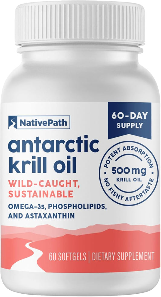 NativePath Antarctic Krill Oil - Wild-Caught Omega 3 Krill Oil 500mg Softgels with EPA, DHA and Astaxanthin - Supplement for Joint, Heart, Brain and Immunity - 60 ct - No Fishy Aftertaste
