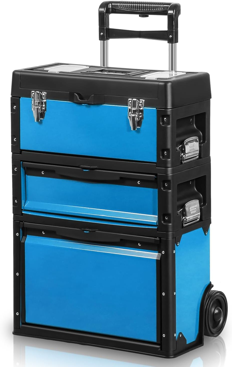 Auto Dynasty 3-Tier Stackable Tool Box, 19.5 Inch 3-in-1 Rolling Tool Box with Wheels, Portable Steel and Plastic Rolling Upright Trolley Toolbox Organizer for Garage Workshop, 3-Piece Set, Blue
