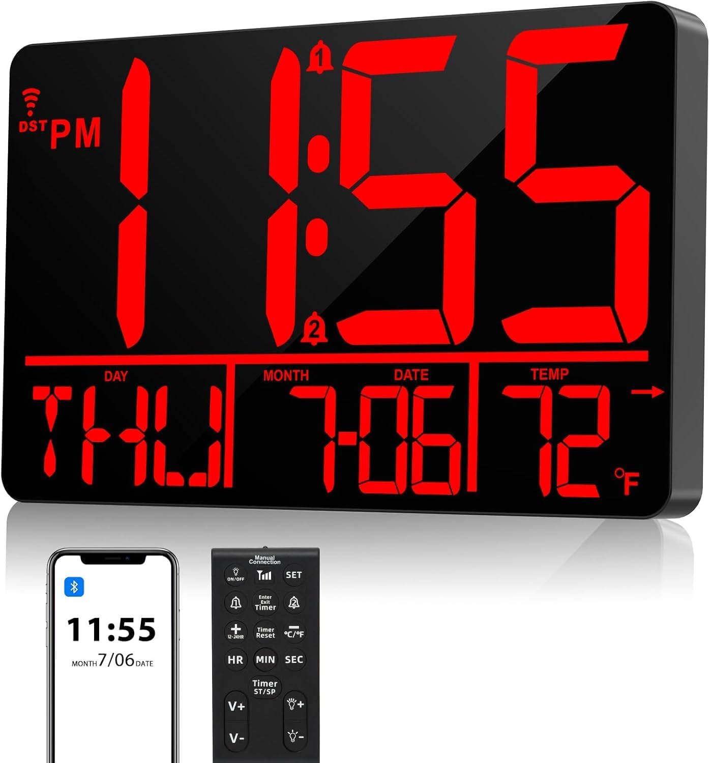 tawiliysy 13" Bluetooth Auto Sync Wall Clock - Large Digital Alarm Clock with Remote, 25 Ringtones, Dual Alarm, Adjustable Brightness, 12\/24H, Auto DST, for Living Room, Kitchen, Office, Elderly（Red）