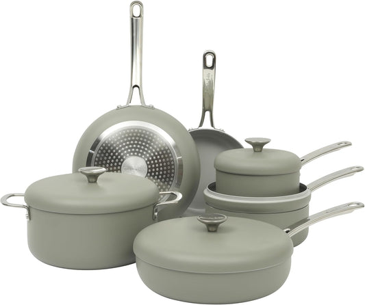 Sur La Table Kitchen Essentials Potluck Porch 10 Piece PFA Free Ceramic Non stick Interior Forged Aluminum Cookware Pots and Pans Set W\/Aluminum Lids - Green - Induction Compatible