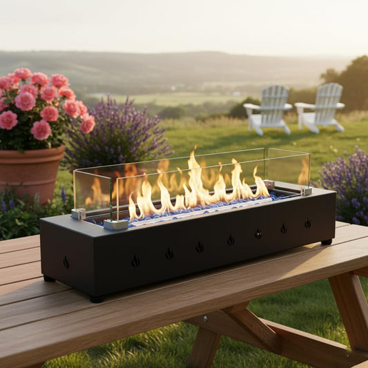 28" Rectangular Propane Fire Pit - 40000 BTU, Windproof Glass Guard, Durable Iron Frame & Stylish Glass Beads