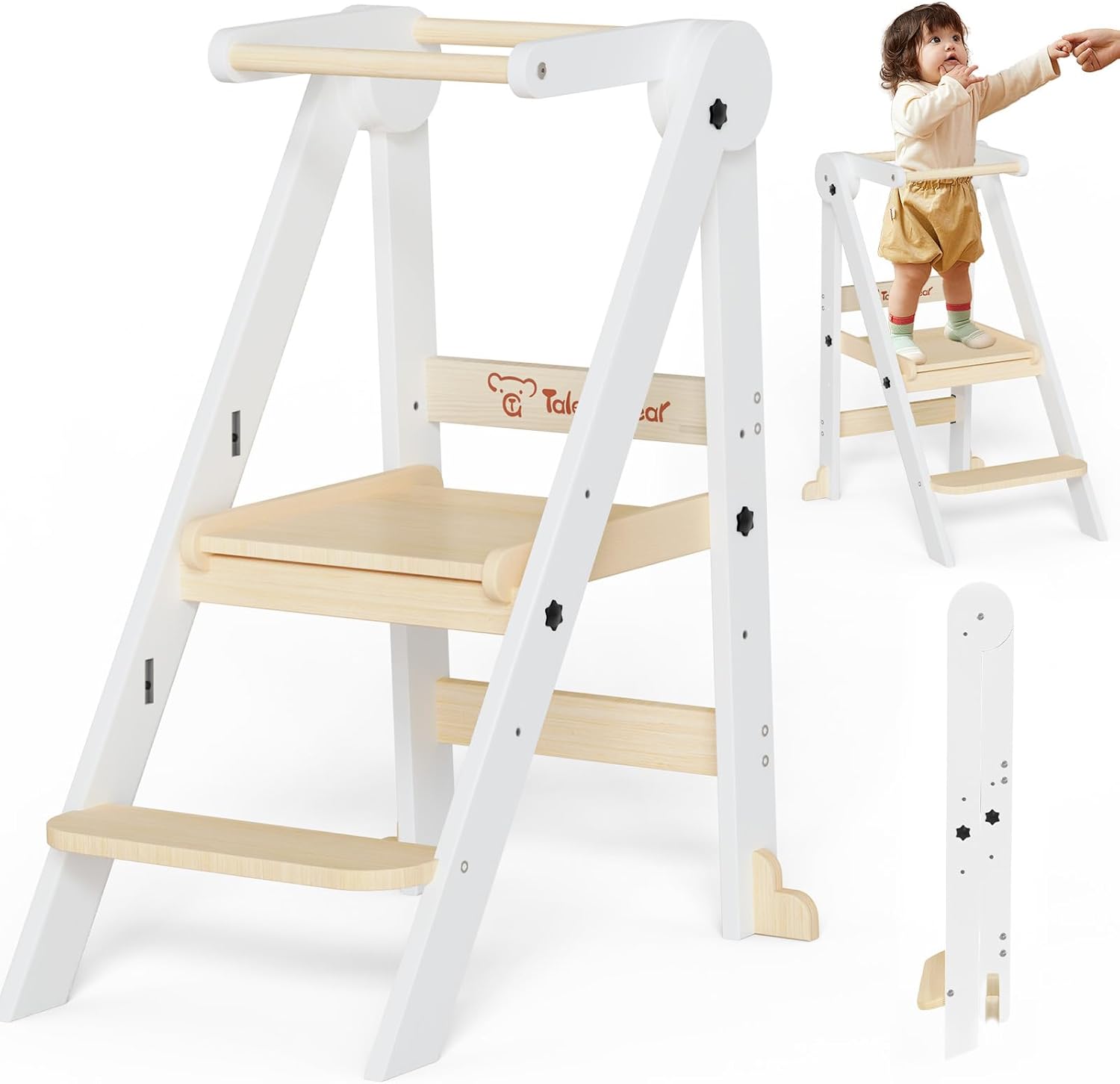 Foldable Toddler Kitchen Stool Helper, Toddler Standing Tower with 3 Adjustable Heights, Collapsible Wooden Step Stool for Kitchen & Bathroom, Montessori Learning Helper Tower for Toddlers Aged 1-6