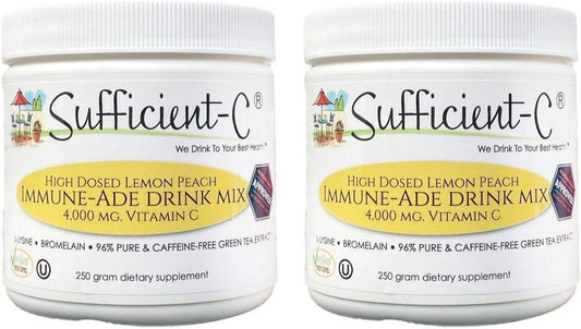Sufficient-C High Dose Non-GMO Vitamin C - Lemon Peach Immune-Ade Drink Mix 250 Grams - Healthy Hydration Like Never Before (2 Pack)