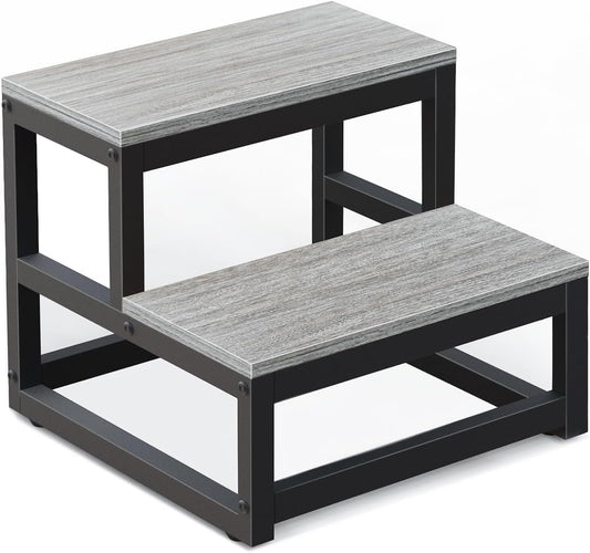 LIANTRAL 2 Step Stool for Adults Kids, Heavy Duty Wooden Stepping Stools, Bedside Foot Stool with 500lbs Load Capacity, Non-Slip Step Stool for High Bed, Kitchen, RV - Grey