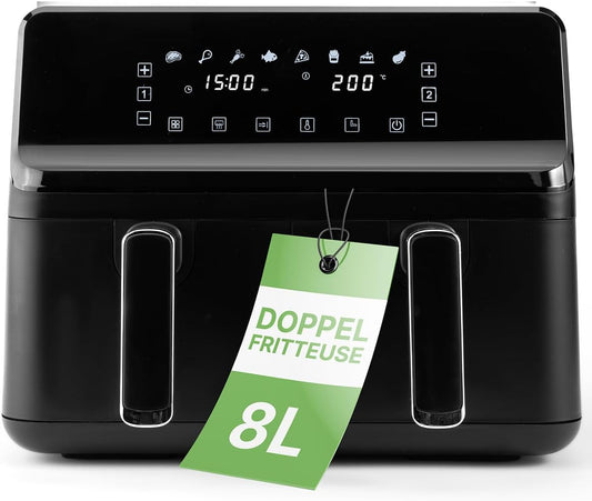 Clatronic® Double hot air fryer | Capacity 8L | Simultaneous cooking system | XXL Airfryer with 2 separate tanks | 8 automatic programs | Saving time and energy | EN 3804 H