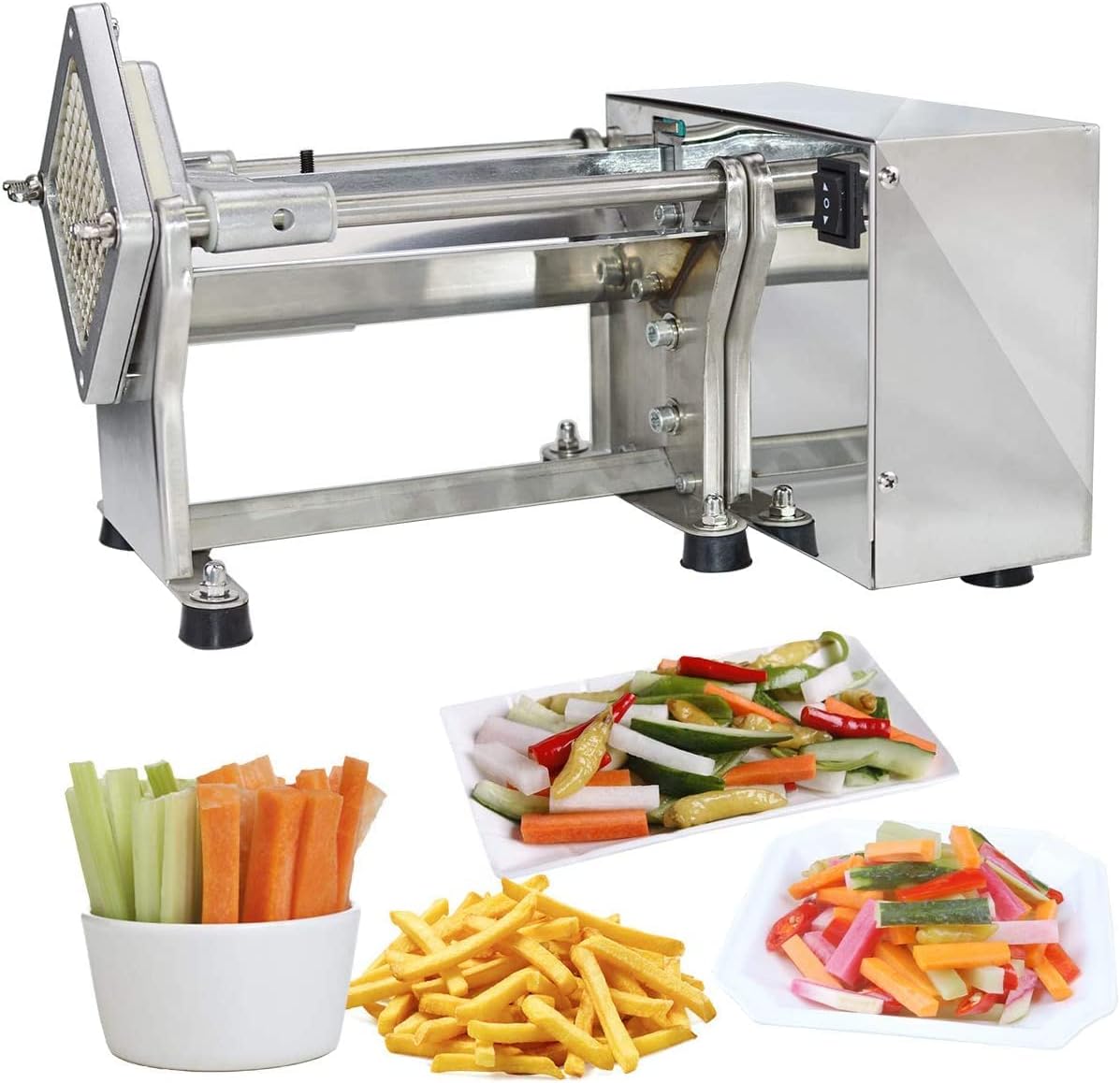 Generic Electric French Fry Potato Cutter Machine, 3 Sizes Replaceable Blades, Stainless Steel, Commercial/Industrial Use, Silver