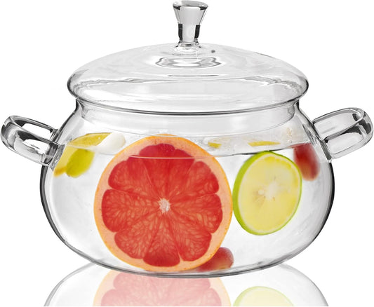 2450ML/83oz Glass Clear Saucepan with Lid,Best Handmade Easy Clean Heat Resistant Glass Cooking Pot for Noodles, Soup, Cereals, Fruits