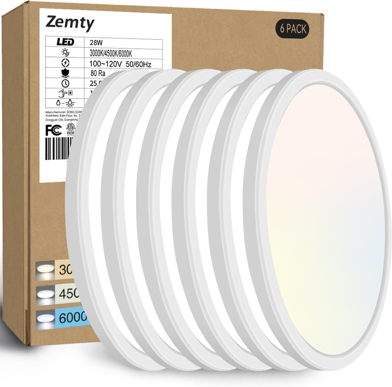 zemty 6Pack 12 Inch LED Flush Mount Ceiling Light, Super Slim 28W 3200lm LED Ceiling Light, 3 Color Temperature in One 3000k\/4500k\/6000K Round Light Fixture for Bedroom, Kitchen, Dining Room (White)