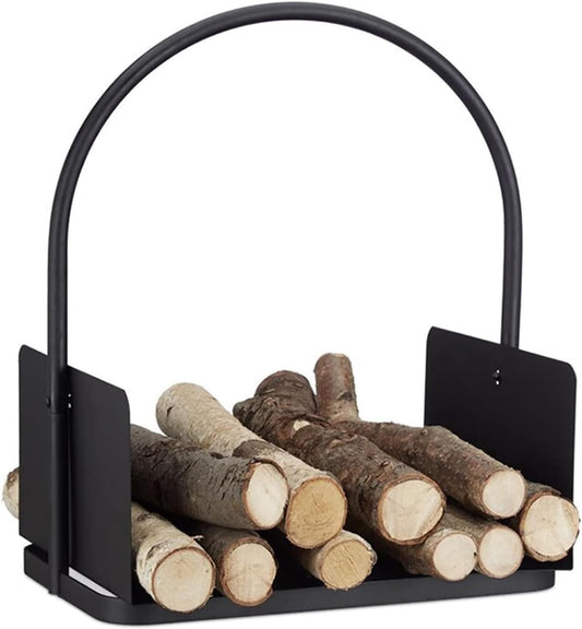 Firewood Rack,Firewood Holder, Small Firewood Rack with Handle Black Metal Log Store Rack Holder for Indoor Outdoor