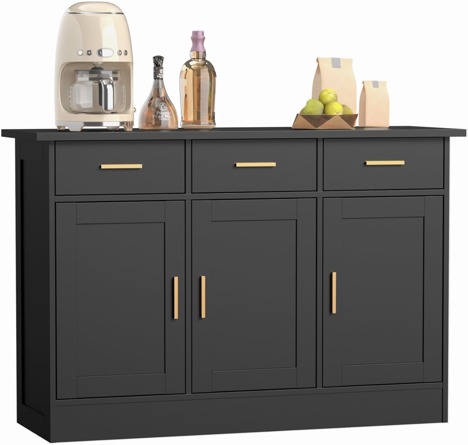 Buffet Cabinet with Storage - Buffets & Sideboards Kitchen Storage Cabinet, Wood Console Table Coffee Bar Accent Cabinets for Living Room Dining Room Entryway Large 3 Doors & Drawers, Black