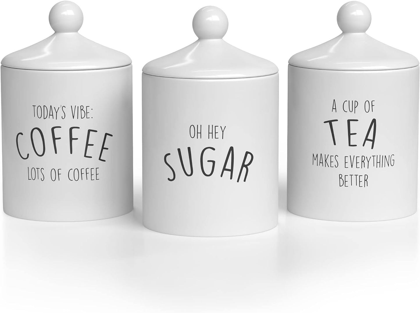 Barnyard Designs Ceramic Kitchen Canister Set – Decorative Farmhouse Coffee, Tea, Sugar Containers, Rustic Counter Storage Jars for Kitchen, White, Set of 3