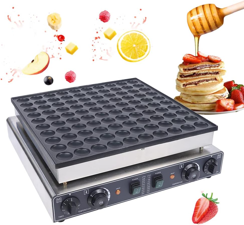 3400W Commercial Mini Pancake Maker, 100 Grids Electric Mini Pancake Griddle Non-Stick Stainless Steel Dutch Pancakes Maker w\/Time & Temper Adjustable|Egg Whisk|Food Clip, Large Waffle Machine