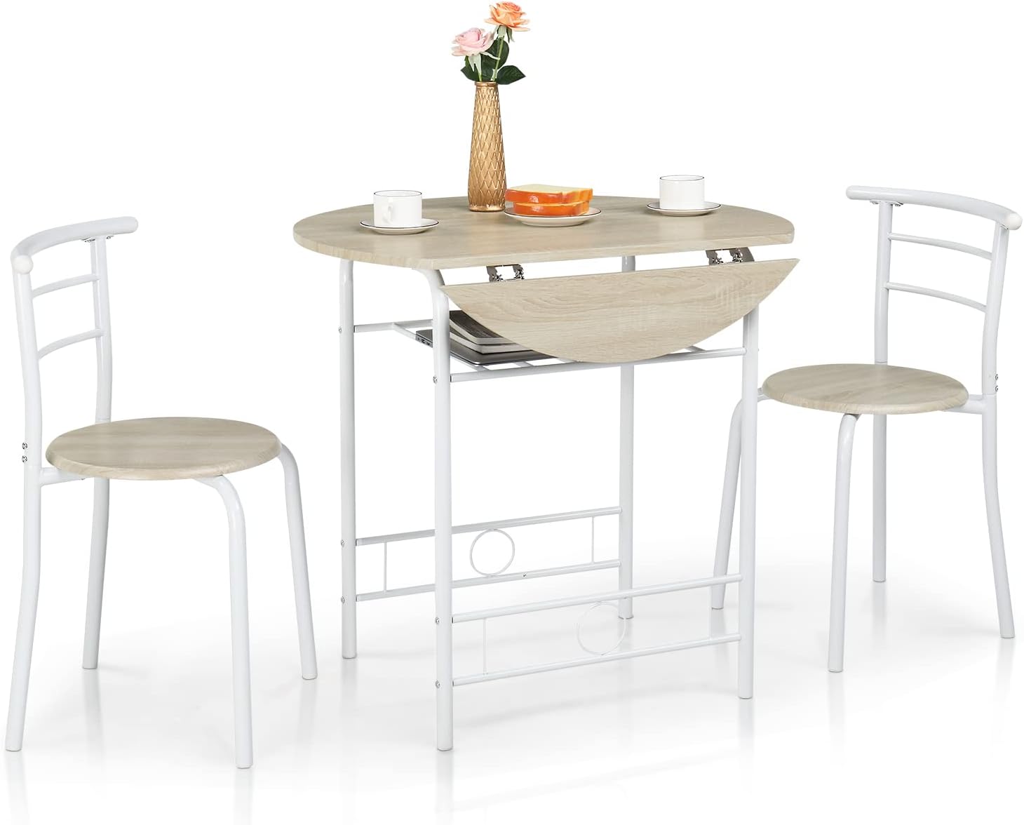 VINGLI 31.5" Drop Leaf Dining Table 3 Pieces for Small Space,Small Kitchen Table Set for 2,Round Folding Table with 2 Chairs for Home,Kitchen,Apartment,White&Oak