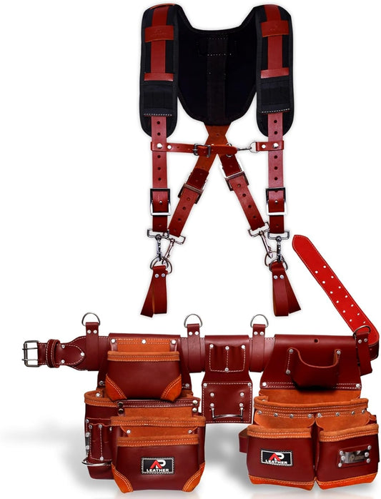 Ap-Leather Real cowhide oil tanned Leather Tool Belt\/pouch\/framer Set for Men\/women Carpenters, Framers, Electricians, Gardeners & Construction Work with 26 Pockets. (Tool Belt with Suspender)