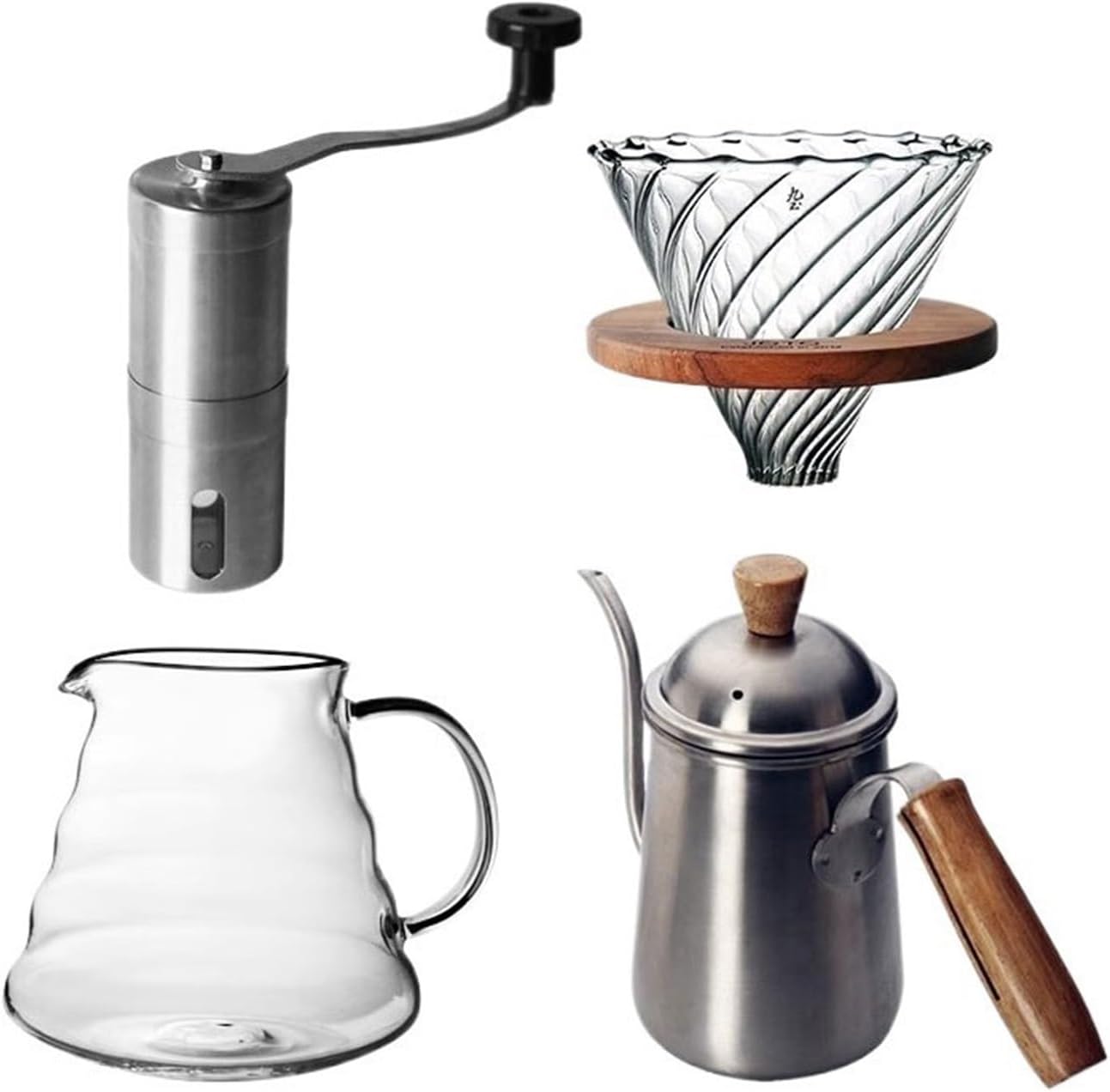 HASMI Coffee Kettle Stainless Steel Wooden Handle Coffee Pot Set Manual Grinder Coffee Bean Maker Glass Coffee Thickened Filter Cup Sharing Pot Coffee Maker, Dingzhebo2022