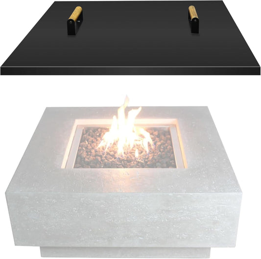 Febtech -38" Square Fire Pit Snuffer lid - Carbon Steel Firepit Pan Lid for 36" Fire Pit- Steel Cover with Wooden Handles Shield for Outdoor FirePit Burner Cover Camping
