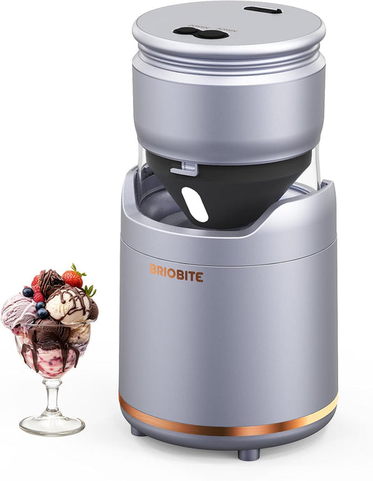 BRIOBITE Ice Cream Maker Machine \u2013 Premium Electric Mini Maker Machine with Low-Noise Operation, Rechargeable,Perfect for Gelato, Sorbet & Frozen Yogurt, Easy to Clean,Silver