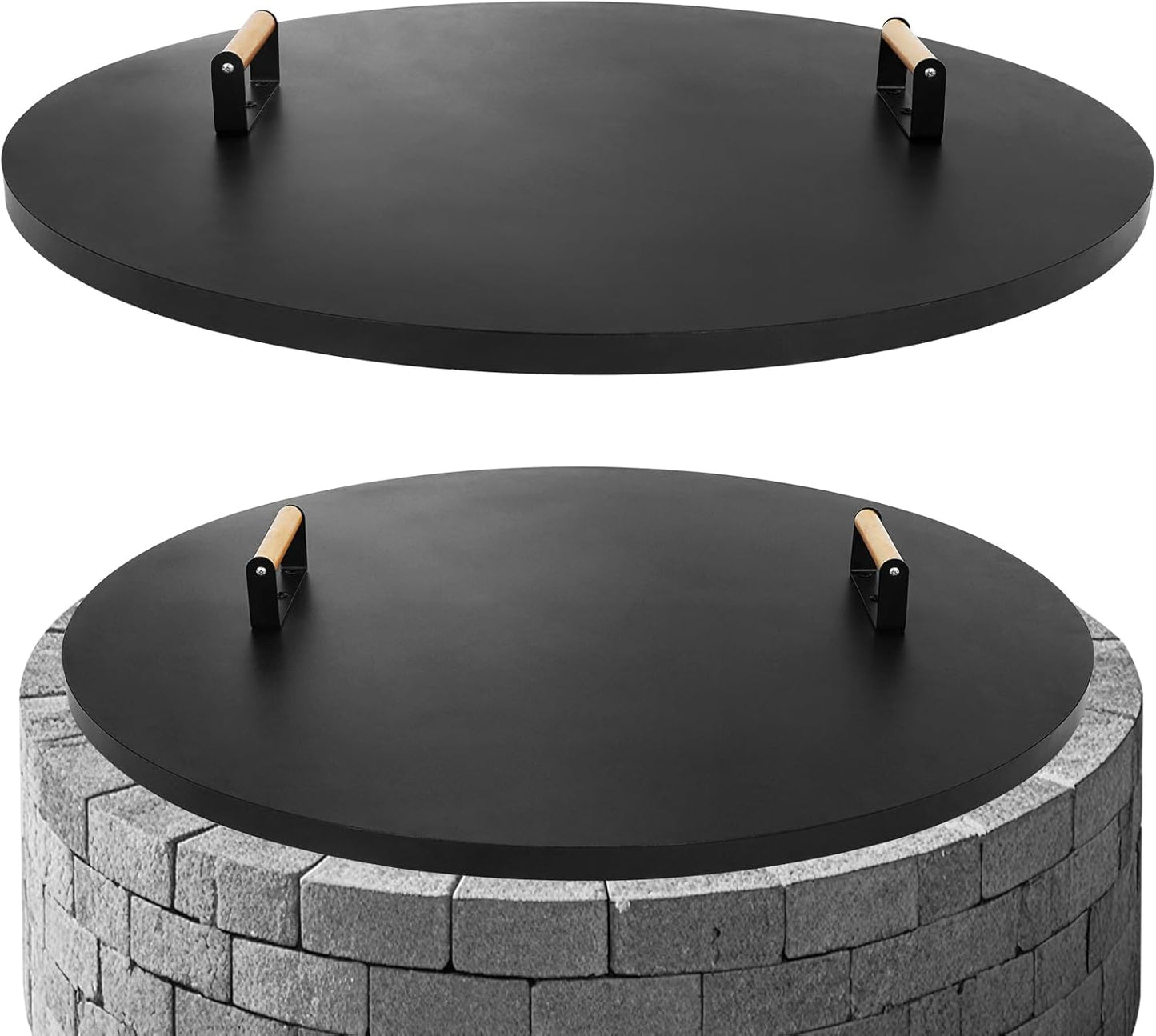 G GOOD GAIN Firepit Lid Round 34 Inch - Rust Resistant Fire Pit Lid Cover with Wooden Handle & Gloves, Fire Pit Snuffer Lid for Courtyards, Patio, Winter Cold Protection. Fits Fire Pits Up to 32"