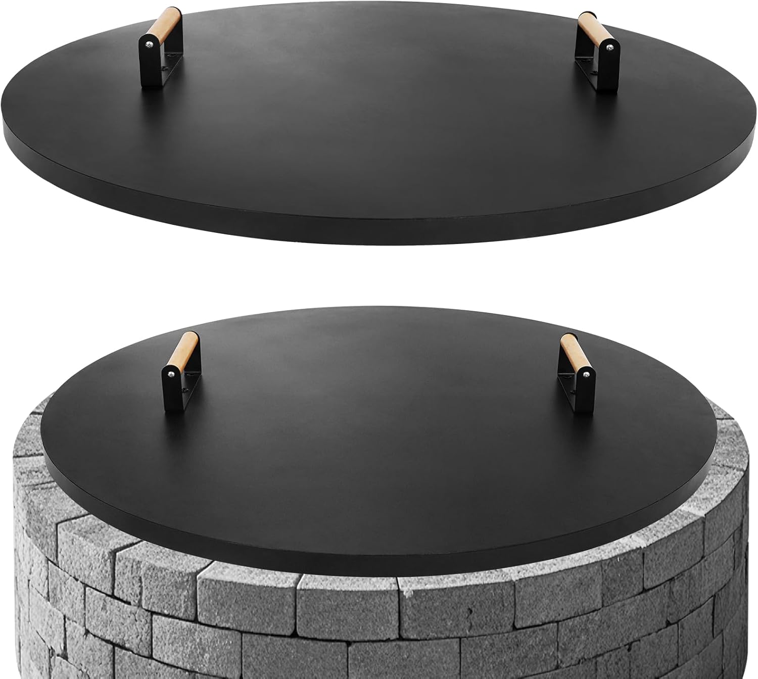 G GOOD GAIN Firepit Lid Round 34 Inch - Rust Resistant Fire Pit Lid Cover with Wooden Handle & Gloves, Fire Pit Snuffer Lid for Courtyards, Patio, Winter Cold Protection. Fits Fire Pits Up to 32"