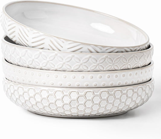 FOBENTA Embossed Ceramic Pasta Bowls, 42 oz Bowl Plates Set,9-Inch Large Serving Bowls Set of 4, Perfect for Pasta, Salad, Fruit, Sturdy&Stackable, Microwave & Dishwasher Safe