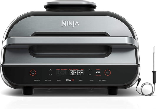 Ninja FG 551 Foodi Smart XL 6in1 Indoor Grill, Air Fryer, Roast, Bake, Broil, Dehydrate, with Smart Thermometer, Countertop, 6-Quart, Black/Silver