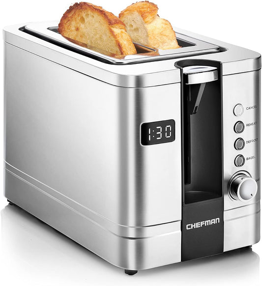 Chefman 2-Slice Digital Toaster, Pop-Up, Stainless Steel, Extra-Wide Slots For Bagels, Defrost, Reheat, Cancel Functions, Removable Crumb Tray